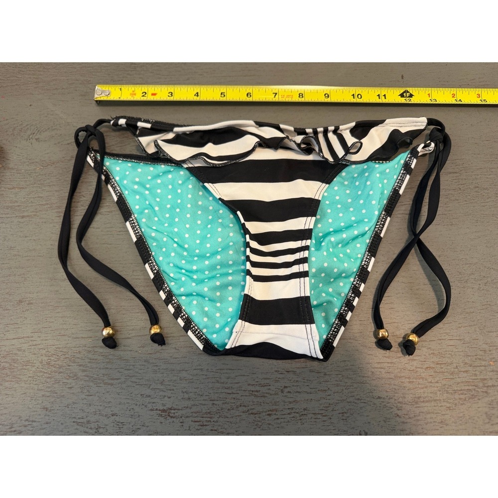 Guess USA Bikini Bottom Small Black Striped Polka Dot Ruffle Side Tie 37952